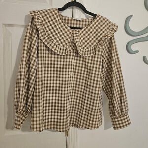 VESTIQUE brown gingham ruffled collar blouse